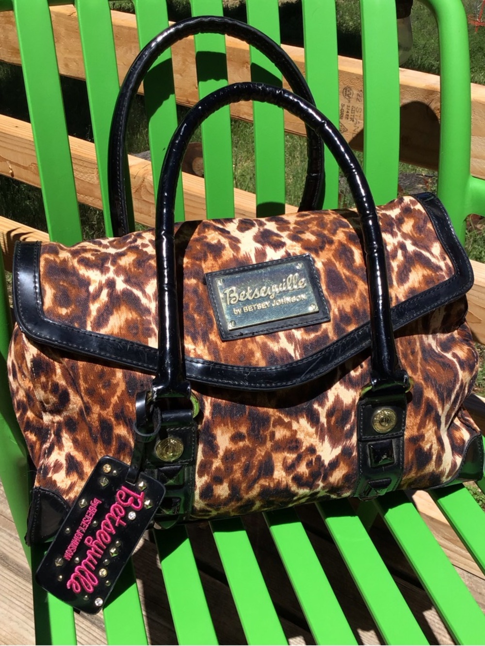 VINTAGE BETSEYVILLE Y2K Betsey Johnson Leopard Print Satchel with Black Trim